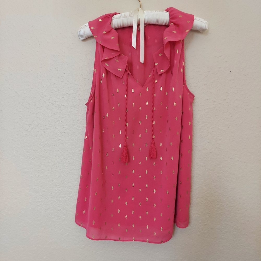 Juicy Couture Sleeveless V Neck Blouse Hot Pink with Gold Print  Sz XL